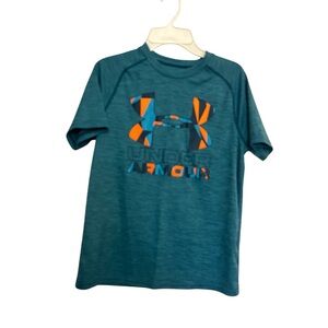 Boy’s Under Armour Sz YXL Shirt Short Sleeve Heatgear Teal Orange Loose Fit